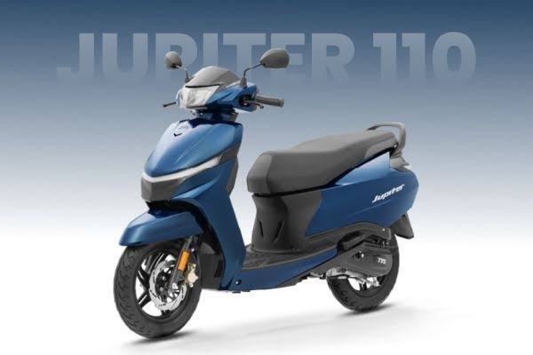 TVS Jupiter 110 scooter in three-quarter front view at AutoSphere TVS showroom, Hyderabad